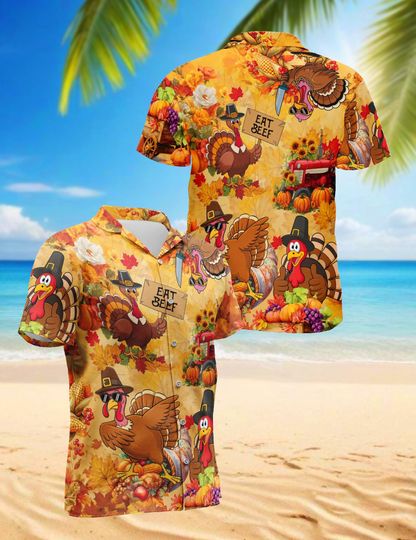 Funny Eat Beef Thanksgiving Hawaiian Shirt for Men & Women, Cartoon Turkey Aloha Shirt, Autumn Harvest Humor Shirt