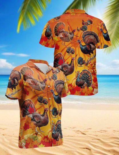 Autumn Turkey Hawaiian Shirt for Men and Women, Fall Leaves Aloha Shirt, Holiday Thanksgiving Festive Shirt