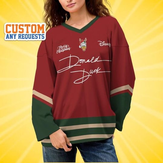 Discover Custom Christmas Donald Signatures Hockey Jersey, Disney Baseball Jersey Sports, Cute Birthday Gifts For Fans, Disneyland Family