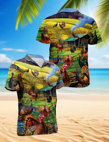 Discover Rustic Farm Turkey Hawaiian Shirt for Men and Women, Country Thanksgiving Autumn Harvest Scene Fall Cabin Holiday Outfit
