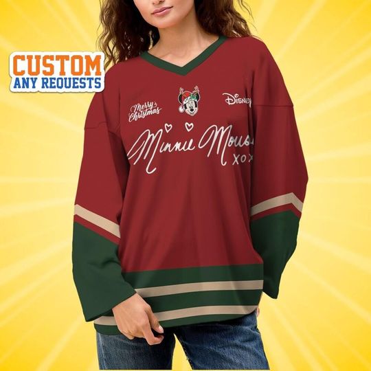 Discover Custom Christmas Minnie Signatures Hockey Jersey, Disney Baseball Jersey Sports, Cute Birthday Gifts For Fans, Disneyland Family
