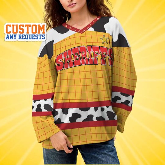 Discover Custom Disney Sheriffs Woody Lace Up Hockey Jersey, Disney Baseball Jersey Sports, Cute Birthday Gifts For Fans, Disneyland Family