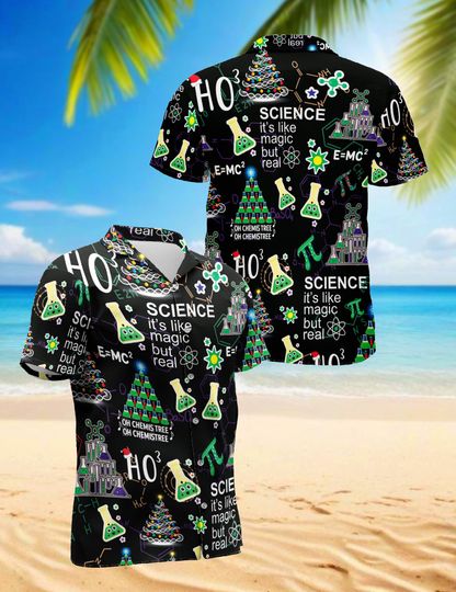Discover Science Chemistry Christmas Hawaiian Shirt for Teachers, Funny STEM Holiday Aloha Shirt, Nerdy Chemist Gift