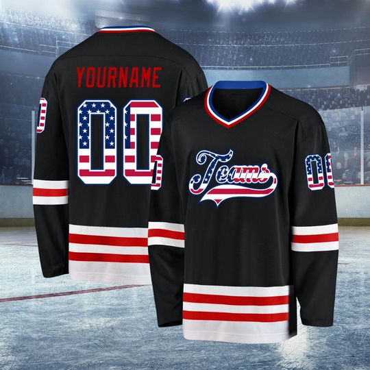 Discover Custom Black USA Flag Hockey Jersey, Personalized Royal Red Hockey Uniform, Custom Name Number Jersey, Sports Team Jersey, Gift for Player