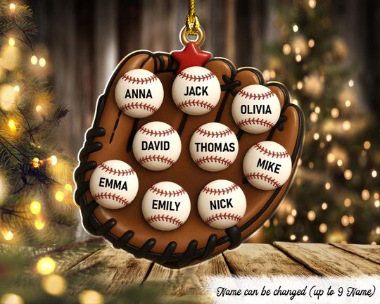 Discover 3D Effect Baseball Gloves Family Members' Names Personalized Acrylic Ornament, Christmas Baseball Ornament, Baseball Team Gift, Coach Gift