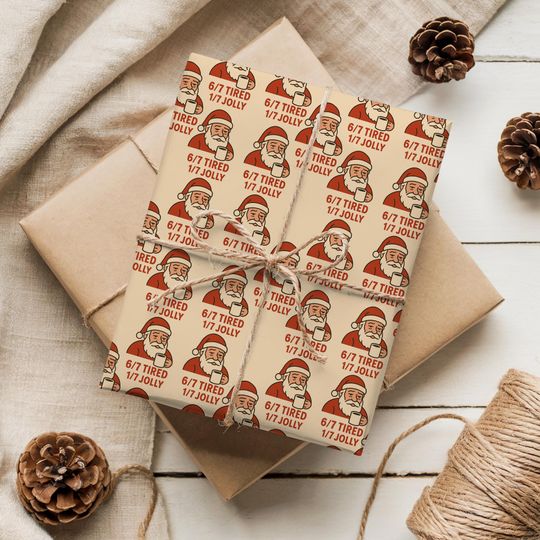Discover Funny Santa Wrapping Paper Roll-6/7 Tired 1/7 Jolly Meme Gift Wrap, Christmas Wrapping Paper, Gag Gift, White Elephant Decor