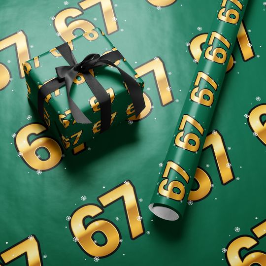 Funny 67 Christmas Wrapping Paper, Santa Meme Gift Wrap for Kids, Gold and Green Holiday Gift Wrap Roll, Hilarious Christmas Gift Idea
