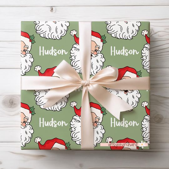 Discover Vintage Santa Christmas Wrapping Paper | Retro Santa Personalized Holiday Gift Wrap | Personalized Gift Wrap | Custom Name Holiday Gift Wrap