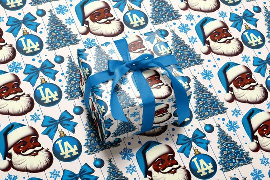 Discover Black Santa Dodger Blue Christmas Wrapping paper, LA Dodgers, Baseball Lover