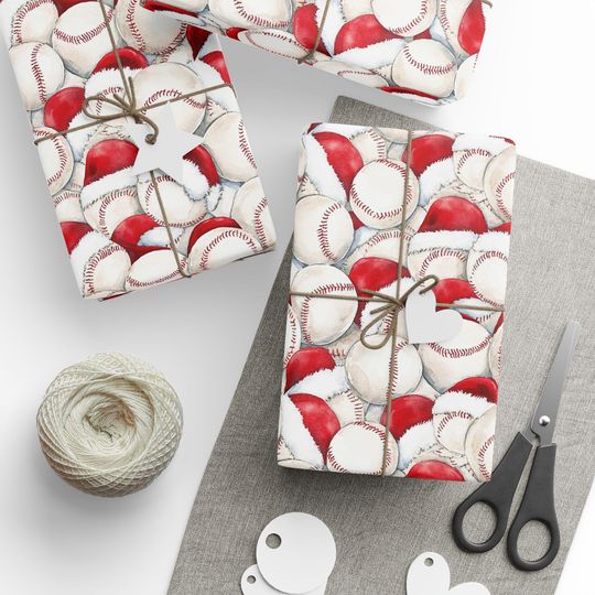 Discover Baseball Christmas Wrapping Paper | Sports Gift Wrap with Santa Hats | Fun Holiday Baseball Theme Wrapping