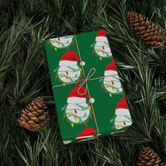 Discover Christmas Baseball Wrapping Paper Roll, Homerun Softball Holiday Gift Wrap, Players Fans Christmas Presents Lights Santa Hat Themed Parties
