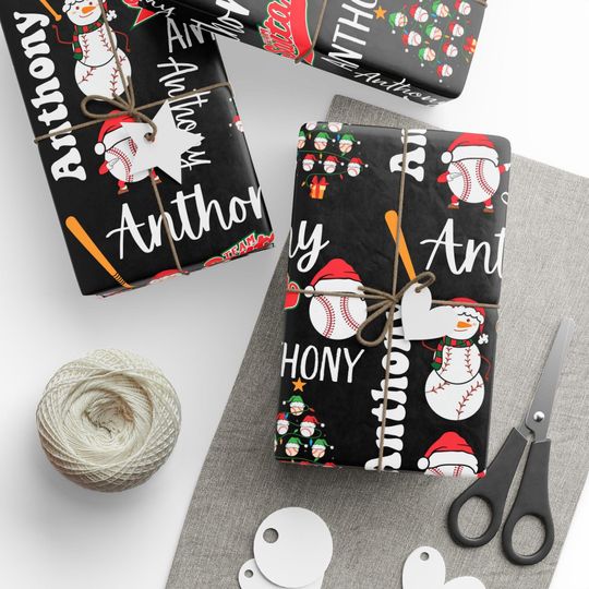 Discover Custom Name Baseball Sport Christmas Wrapping Paper Roll, Personalized Sporty Ball Holiday Season Black Gift Wrap Sheet Decorative Present