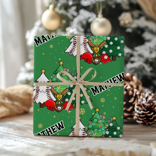 Discover Personalized Christmas Wrapping Paper with Name | Custom Holiday Gift Wrap for Kids, Baseball Christmas Tree Design, Green Festive Paper
