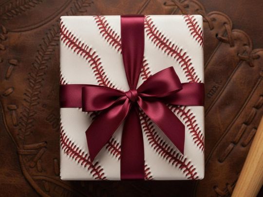 Discover Baseball Stitch Gift Wrap: Sports Fan Wrapping Paper, Red Seam Design