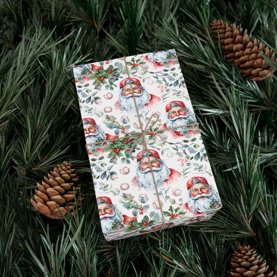 Discover Santa Baseball Gift Wrap: Watercolor Christmas Holiday Wrapping Paper
