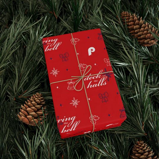 Discover Red Philadelphia Phillies Christmas Gift Wrap, 'Ring the Bell', Red White Blue Holiday Decor, Deck The Halls, MLB