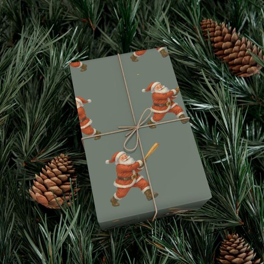 Discover Santa Baseball Wrapping Paper Sporty Christmas Vintage Santa Gift Paper Sage Green Simple Holiday Print Paper