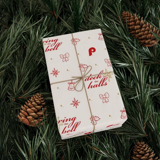 Discover White & Red Philadelphia Phillies Christmas Gift Wrap, 'Ring the Bell', Red White Blue Holiday Decor, Deck The Halls, MLB