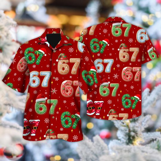 Discover Six Seven Meme Christmas Contrast Hawaiian Shirt, 67 Funny Christmas Hawaiian Shirt, Viral Number Hawaii,Matching Xmas Button Up, Famiy Gift