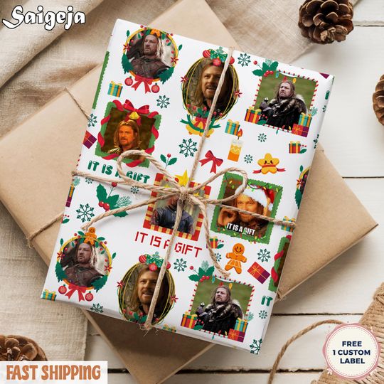 It Is A Gift Meme Funny Christmas Wrapping Paper | Bearded Fantasy Man Holiday Gift Wrap | Movie Quote Present Paper for Fan
