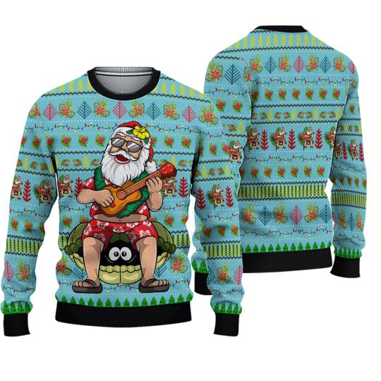 Hawaiian Santa Ugly Christmas Sweater, Tropical Holiday Ukulele Jumper for Men Women
