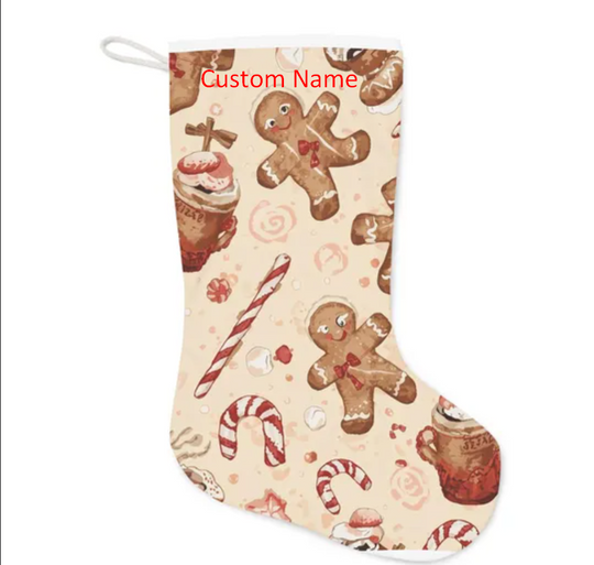 Personalized Gingerbread Christmas Stocking - Cozy Cottagecore Holiday Decor | Whimsical Candy Cane & Hot Cocoa Pattern