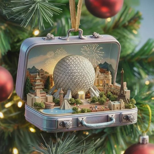 Discover Epcot World Showcase Suitcase Ornament, Miniature Epcot Landmarks Keepsake, Spaceship Earth Suitcase Ornament, Epcot Fan Christmas Gift