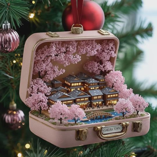 Discover Sakura Town Japanese Suitcase Ornament, Miniature Cherry Blossom City Keepsake, Japan Travel Christmas Gift, Miniature Pink Suitcase Decor