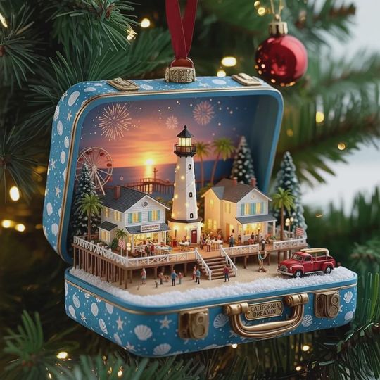 Discover California Lighthouse Suitcase Ornament, Coastal Beach Travel Keepsake, Miniature Seaside Village Decor, Beach House Holiday Gift