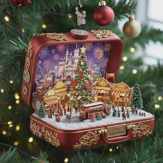 Discover Custom Christmas Village Suitcase Ornament, Holiday Travel 2D Flat Ornament, Handcrafted Suitcase Diorama, Holiday Travel Keepsake Decor