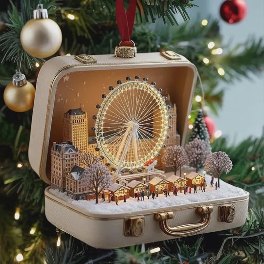 Discover Personalized London City Travel Christmas Ornament, Custom Miniature City Travel Keepsake, Ferris Wheel Suitcase Decor, UK Holiday Keepsake