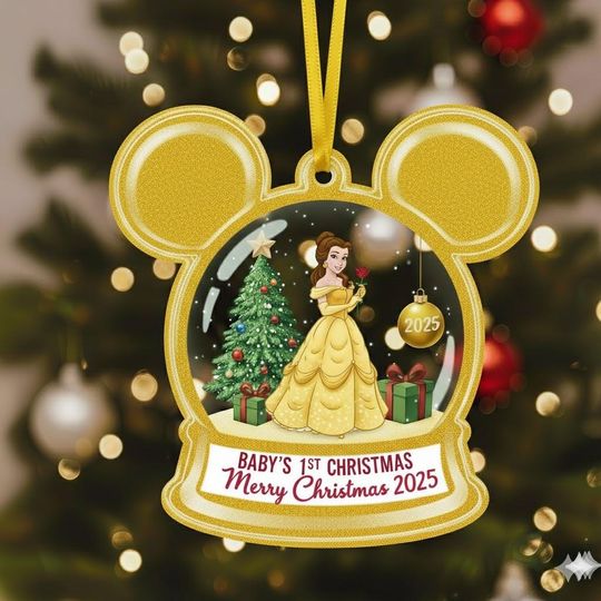 Discover Custom Disney Belle Flat Ornament, Personalized Mickey Ears Princess Belle Ornament, Disney Merry Christmas Gift, Belle Snow Globe Keepsake