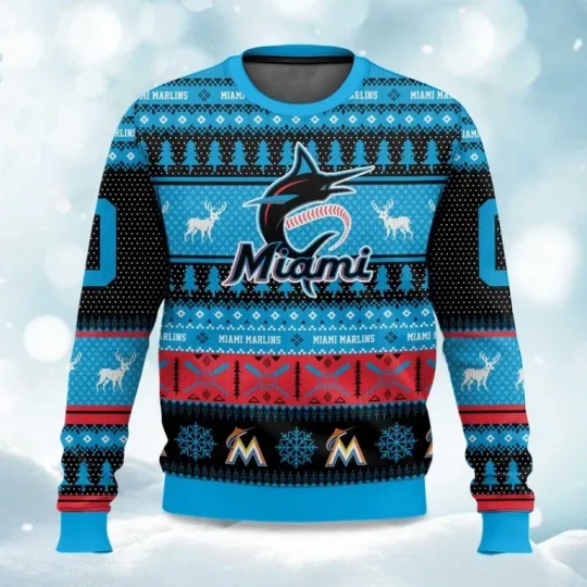 Discover 2025 Christmas Marlins Baseball Personalized Ugly Sweater