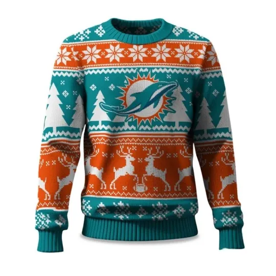 Discover 2025 Christmas Dolphins Reindeer Football Ugly Sweater