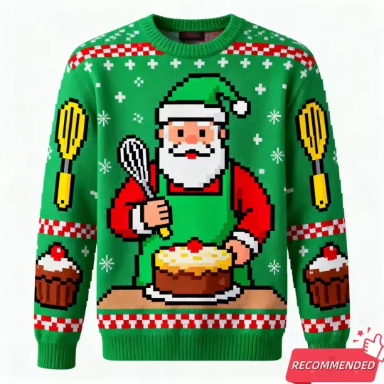 Discover Pixel Chef Santa Baking Ugly Christmas Sweater Foodie Gift