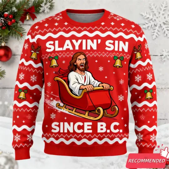Discover Slayin Sin Jesus Sleigh Ride Ugly Christmas Sweater Funny Gift