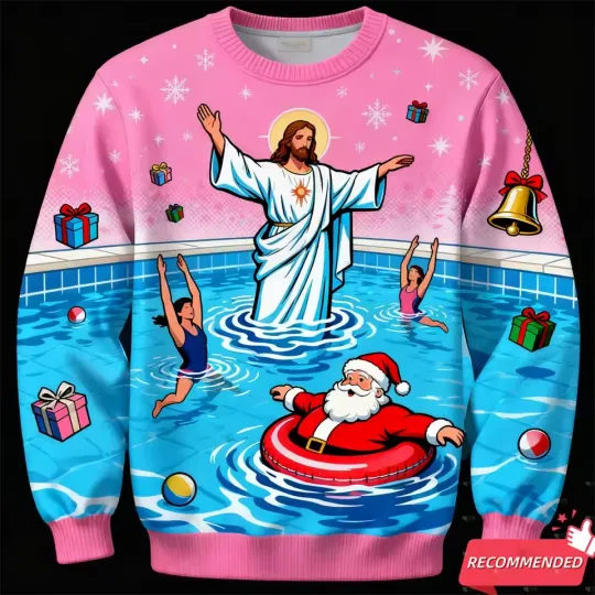 Discover Swimming Pool Jesus Santa Ugly Christmas Sweater Summer Holiday Gift