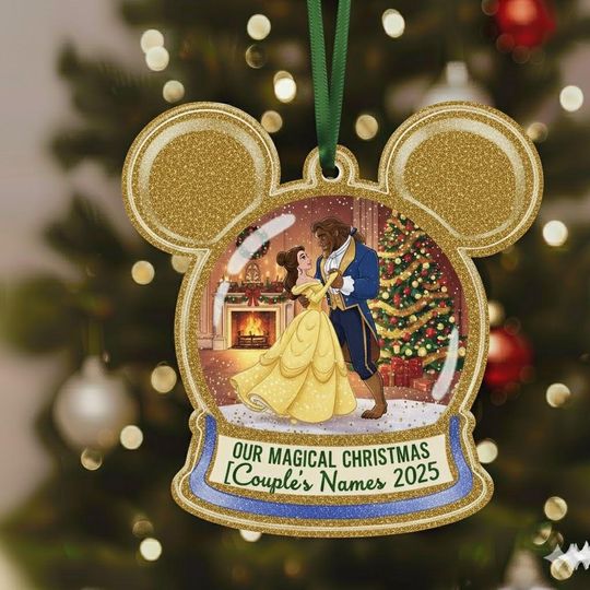 Discover Custom Beauty & The Beast 2D Flat Ornament, Personalized Mickey Ears Disney Couple