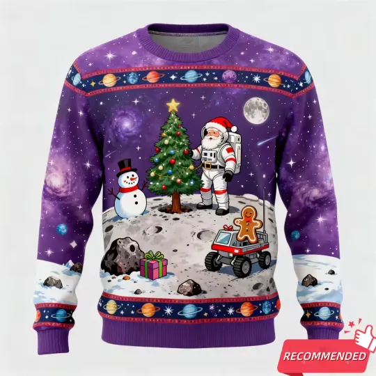 Discover Astronaut Santa Moon Christmas Ugly Sweater - Space Holiday Galaxy Jumper