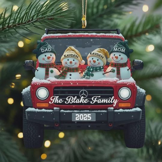 Personalized Snowman Family Christmas Ornament, Red Truck Christmas Ornament, Snowman Acrylic Ornament, Custom Name Family Ornament