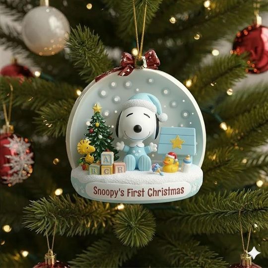 Discover Personalized Snoopy Baby Christmas Ornament, Snoopy Baby's First Christmas Ornament, Custom Blue Baby Acrylic Ornament, Cartoon Dog Keepsake