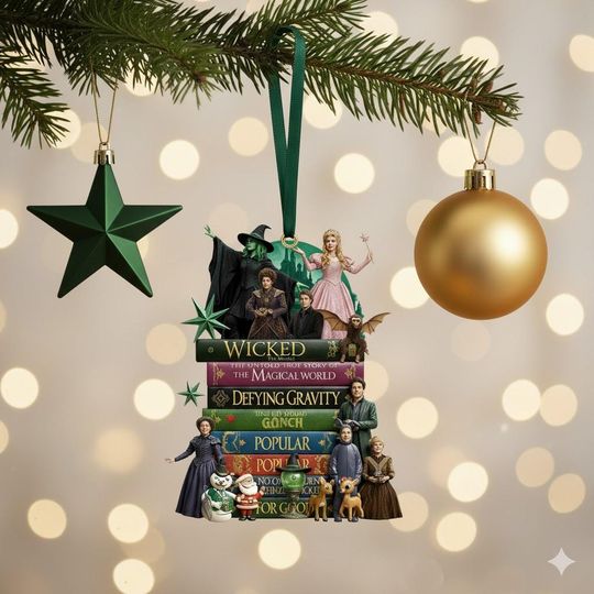 Elphaba Glinda Book Stack Keepsake, Wicked Book Musical Ornament, Defying Gravity Broadway Fan Gift, Wicked The Musical Christmas Decor
