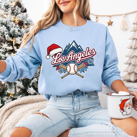 Discover Los Angeles Baseball Christmas Sweatshirt, Vintage LA Santa Hat Holiday Shirt, Baseball Fan Xmas Hoodie