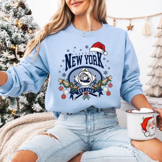 Discover New York Baseball Christmas Sweatshirt, Santa Hat NYC Shirt, Est 1903 Winter Baseball Fans Holiday Shirt, New York Fan Hoodie