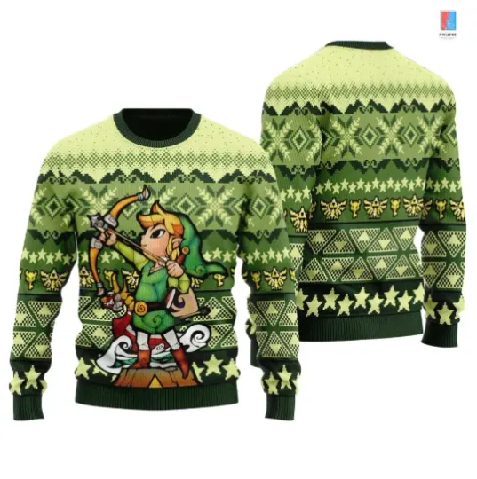 Discover Elf Archer Christmas Ugly Sweater Green Gamer Style Holiday Jumper YXS–5XL