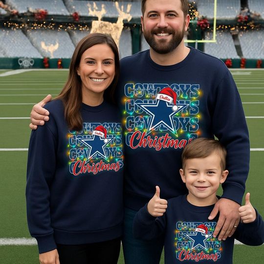 Discover Dallas Football Santa Hat Christmas Light T-Shirt, Cowboys 2025 Shirts, Adult and Youth Xmas Shirt, Football Team Tee, Family Xmas Gifts
