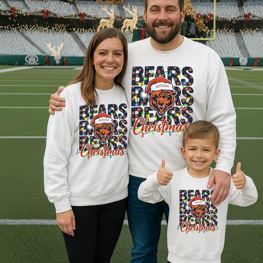 Discover Chicago Football Santa Hat Christmas Light T-Shirt, Bears 2025 Shirts, Adult and Youth Xmas Shirt, Football Christmas Tee, Family Xmas Gifts