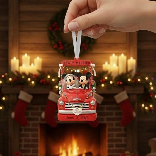 Discover Mickey Minnie Married Truck Ornament, Personalized Disney Wedding Gift, First Christmas as Mr. & Mrs, Mickey Minnie Newly Married Gift
