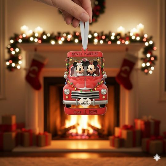 Discover Mickey Minnie Truck Ornament, Personalized Disney Wedding Gift, First Christmas as Mr. & Mrs, Mickey Minnie Newly Married Gift