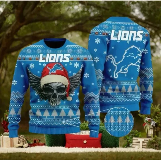 Detroit Football Skull Santa Ugly Christmas Sweater Hoodie Long Sleeve 2025